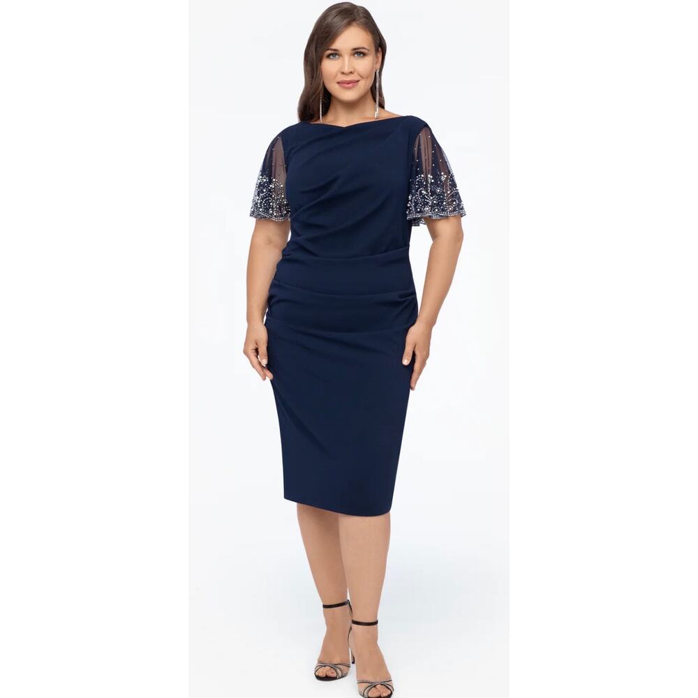 Betsy & Adam Navy Embellished Flutter Sleeve Ruch… - image 2